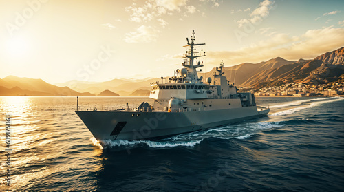 Stampa su tela A big navy ship style boat in the sea, beautiful landscape background, military