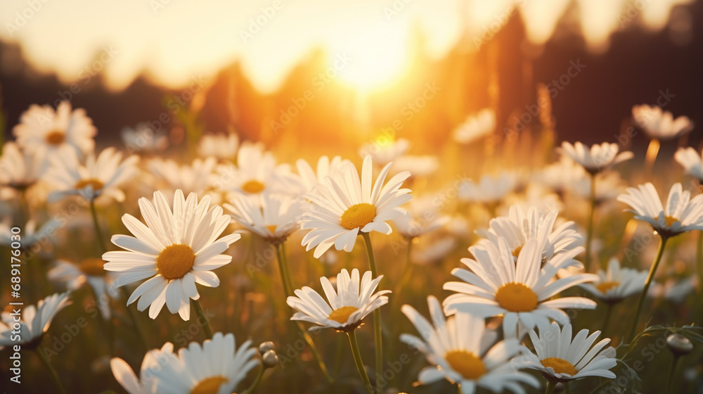 A field of daisies at sunrise