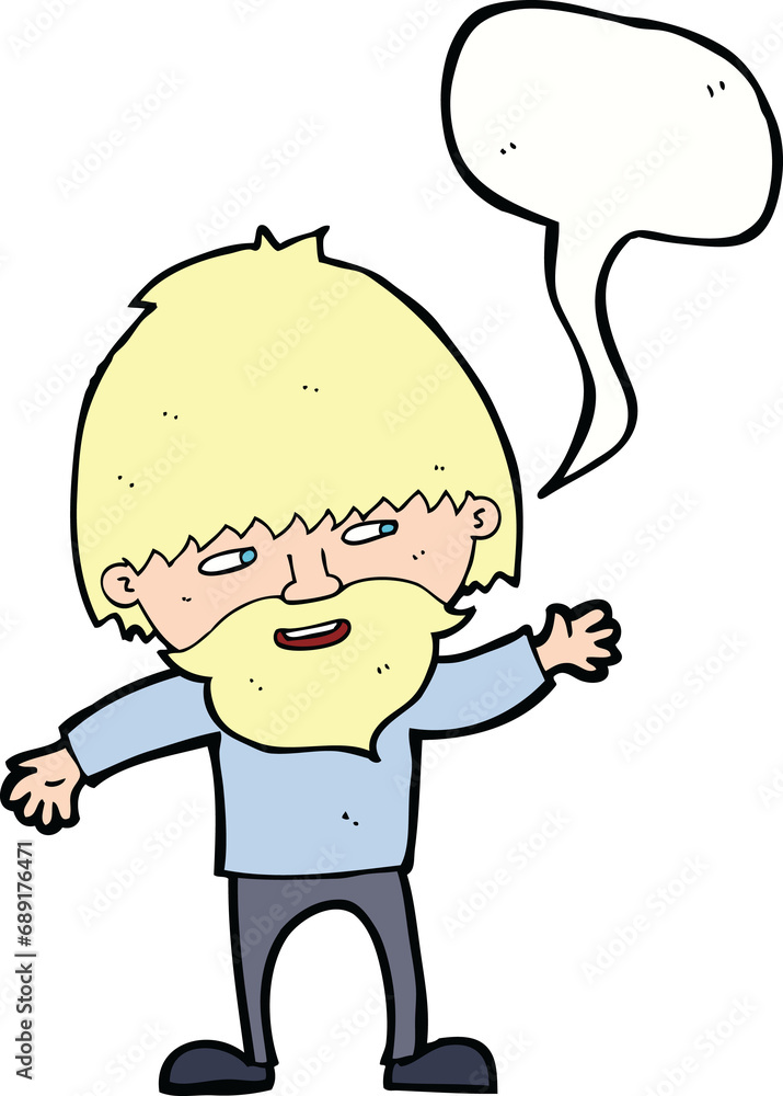 cartoon happy bearded man waving with speech bubble