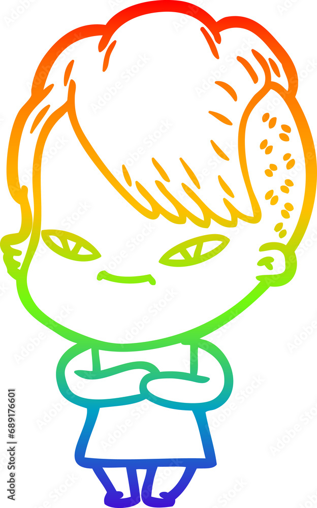 rainbow gradient line drawing of a cute cartoon girl with hipster haircut rainbow gradient line drawing of a cute cartoon girl with hipster haircut