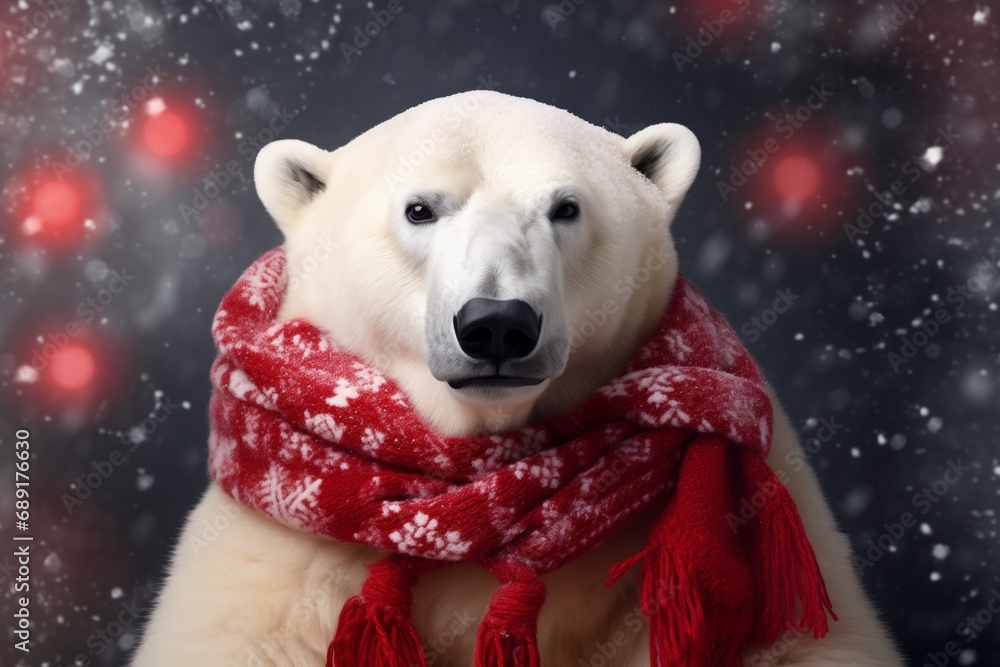 Portrait of polar bear wrapped in warm winter scarf with snow falling all around Portrait of polar bear wrapped in warm winter scarf with snow falling all around