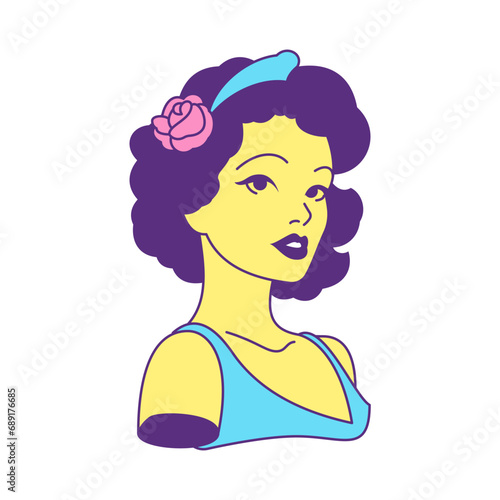 Y2k retro beauty woman bust with flower in hair cartoon character groovy icon vector flat