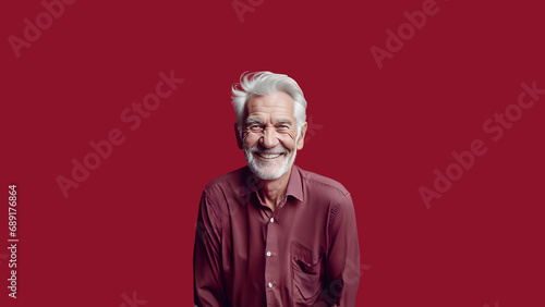 Old man smiling isolated on studio background. Copyspace area