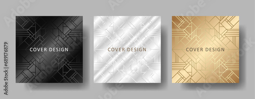 Premium set elegant cover design for invitation, cover design, flayers, menu, notebook, cards. Luxury design templates with black, gold and silver geometric pattern.