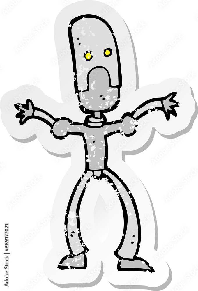 retro distressed sticker of a cartoon funny robot