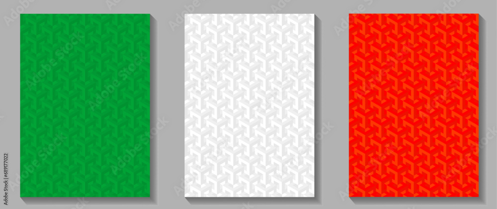 Premium set elegant cover design for invitation, cover design, flayers, menu, notebook, cards. Luxury Christmas design templates with red, green and white 3d geometric pattern.
