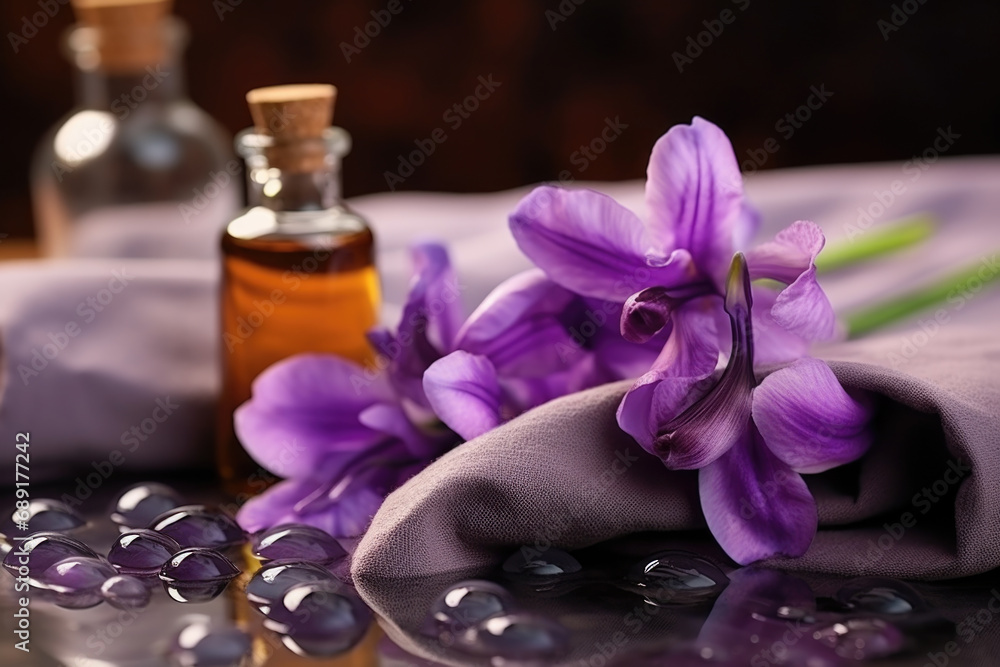 Spa composition with iris essential oil, zen stones and towels Spa composition with iris essential oil, zen stones and towels