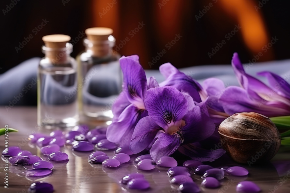Spa composition with iris essential oil, zen stones and towels Spa composition with iris essential oil, zen stones and towels