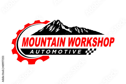 Workshop logo with gear and rocky mountain symbol, racing car club garage.