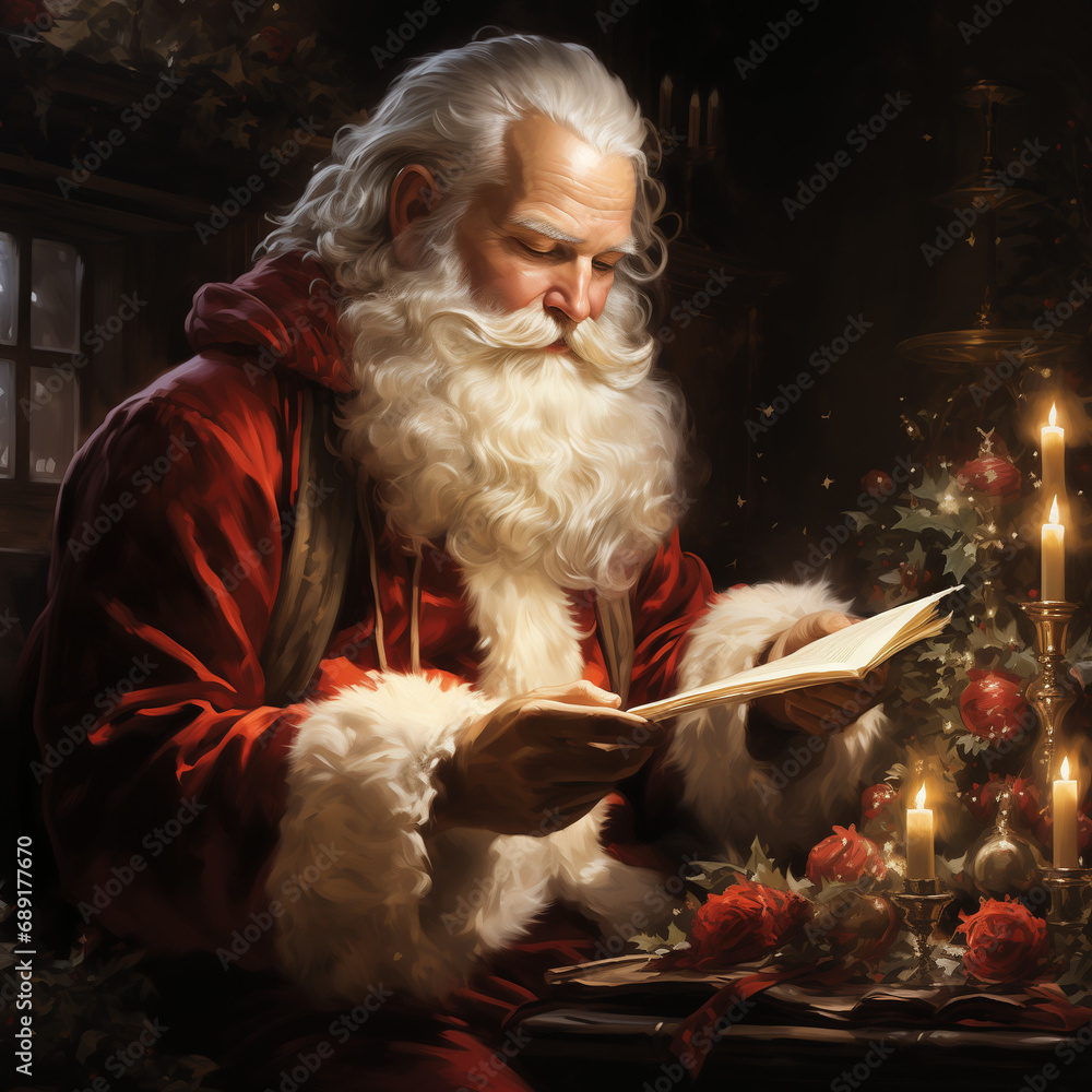 Vintage-Style Illustrated Painting of Santa Claus Reading with Glasses