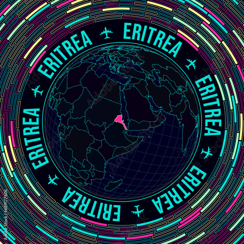 Eritrea on globe. Satelite view of the world centered to Eritrea. Bright neon style. Futuristic radial bricks background. Vibrant vector illustration. photo