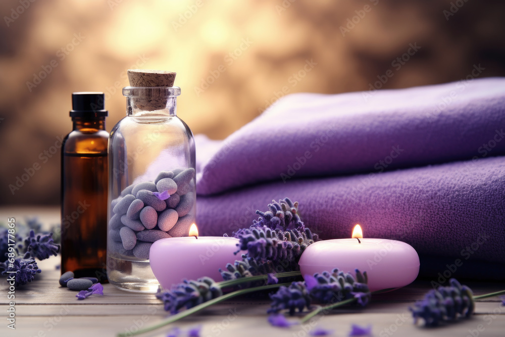 Spa composition with lavender essential oil, candles and towels Spa composition with lavender essential oil, candles and towels