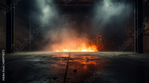Intense Heat and Dramatic Sparks: Abstract Fire on Concrete Floor - Dark and Grungy Interior with Glowing Embers, Creating an Ominous Atmosphere of Danger and Combustion.