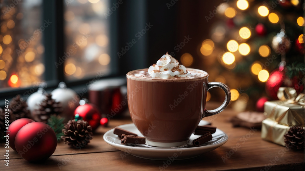 cup of hot chocolate on table with christmas decorations cup of hot chocolate on table with christmas decorations