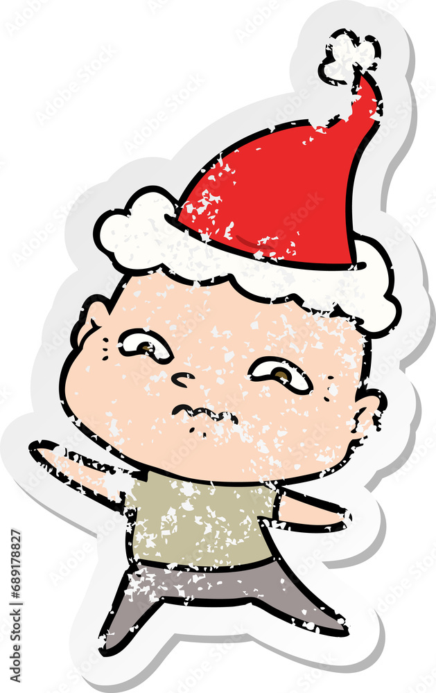 hand drawn distressed sticker cartoon of a nervous man wearing santa hat hand drawn distressed sticker cartoon of a nervous man wearing santa hat
