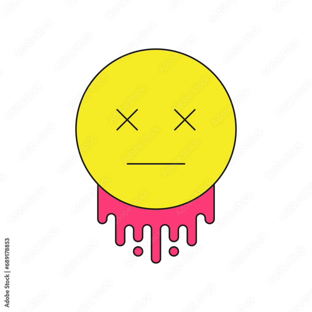 Y2k yellow melting smiley with crossed eyes game over cartoon element groovy style icon vector flat Y2k yellow melting smiley with crossed eyes game over cartoon element groovy style icon vector flat