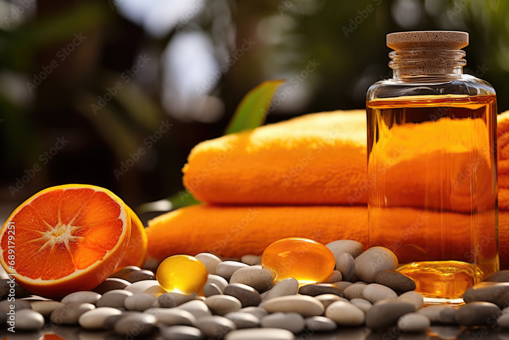 Spa composition with orange essential oil, candles and towels Spa composition with orange essential oil, candles and towels