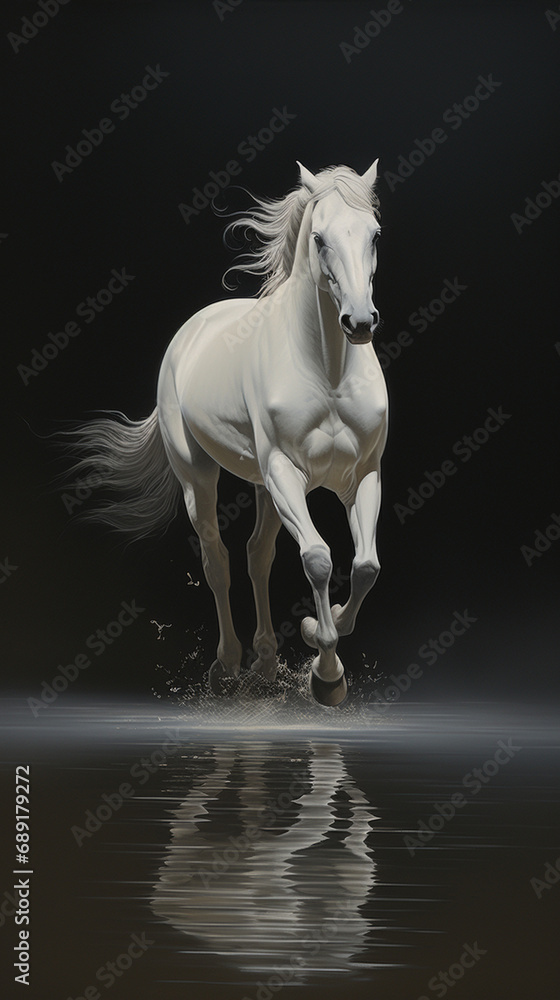 horse running through water, dynamic, movement, beautiful oil painting created with Generative Ai