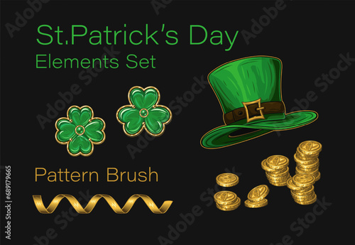 Set of design elements for St Patricks day in vintage style. Jewelry clover, shamrock, leprechaun top hat, golden coins, party streamer pattern brush.