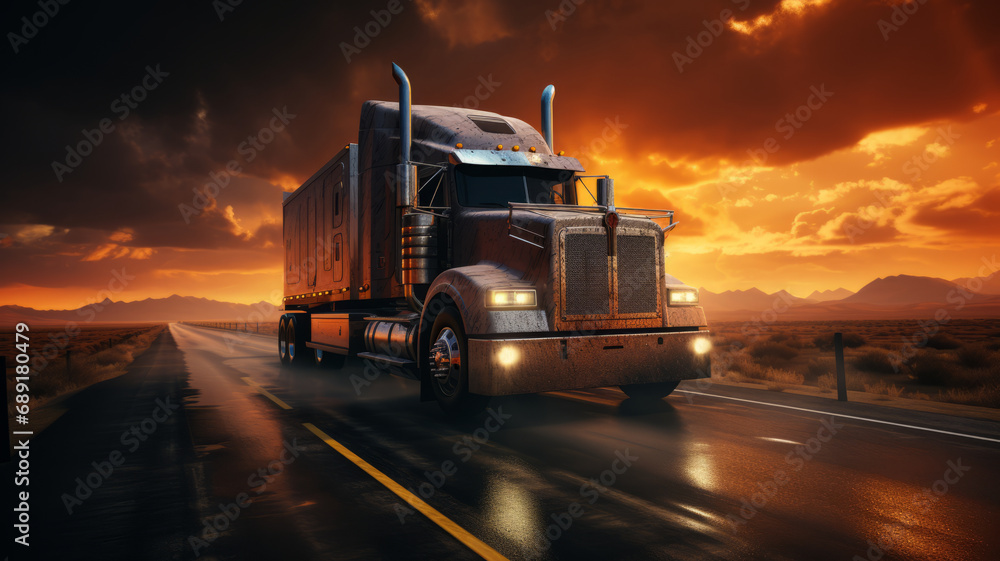 A truck driving on the asphalt road at sunset with dark clouds