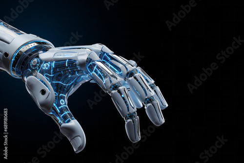 Highly detailed robotic hand arm with transparent blue circuits on a dark background. Future technology concpet photo