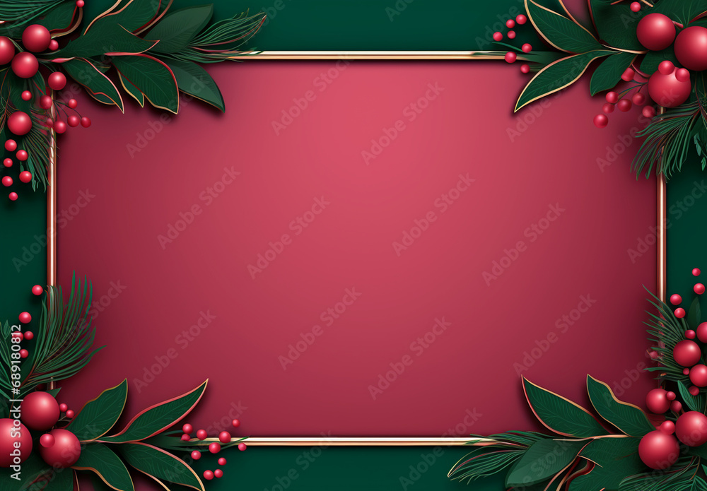 Christmas and New Year background with green leaves, red berries and gold frame. Vector illustration.