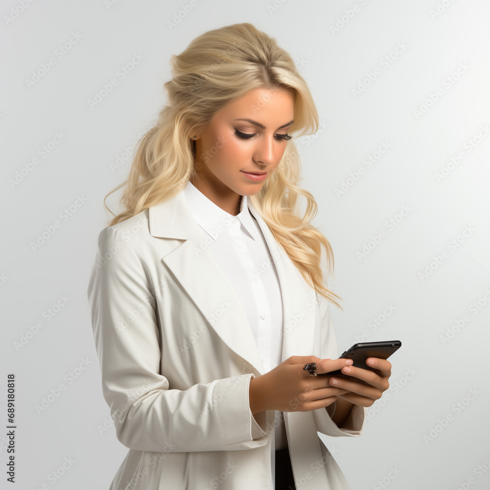 Young tall blonde in a white coat, photo outstretched female hand holding the phone, dressed in a white coat, white background, grading Young tall blonde in a white coat, photo outstretched female hand holding the phone, dressed in a white coat, white background, grading