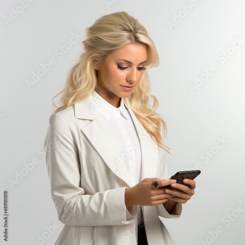 Young tall blonde in a white coat, photo outstretched female hand holding the phone, dressed in a white coat, white background, grading