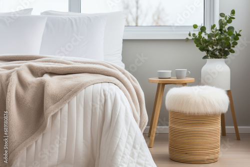 Neutral Scandi-style interior with hygge furniture in the bedroom. Linen bed or bedding. Close up interior details photo. Flowers in a vase for interior decoration.