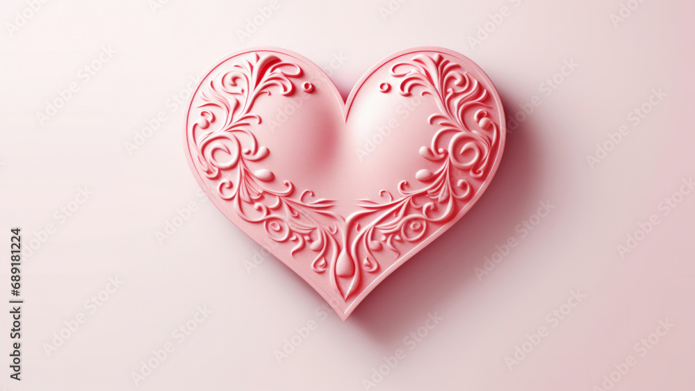 Embossed 3d style pink heart shape on a light minimal background. Love Valentine Day concept