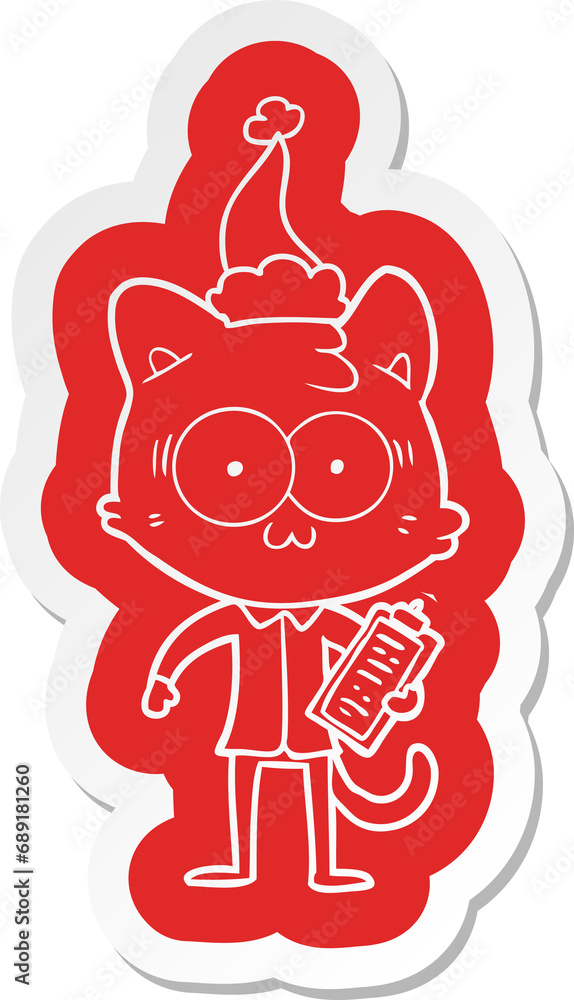 quirky cartoon sticker of a surprised office worker cat wearing santa hat quirky cartoon sticker of a surprised office worker cat wearing santa hat