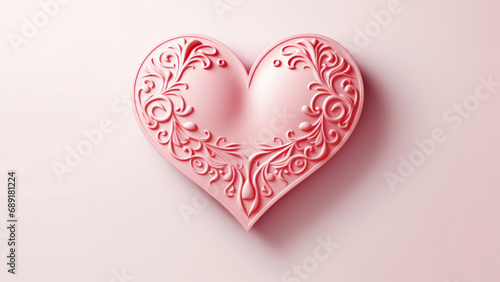 Embossed 3d style pink heart shape on a light minimal background. Love Valentine Day concept