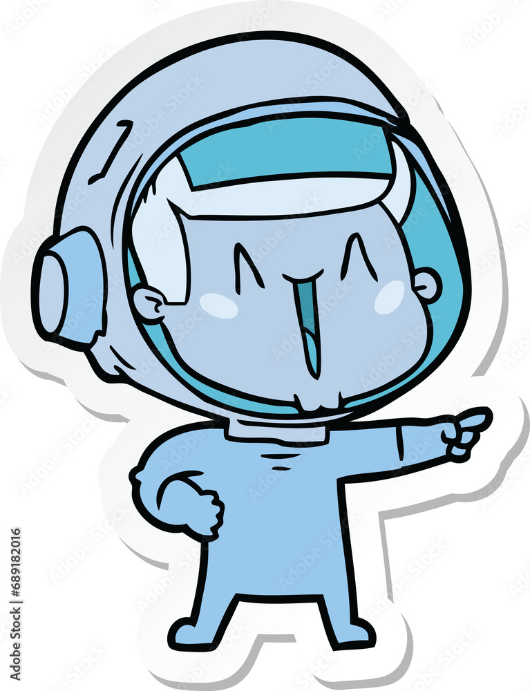 sticker of a happy cartoon astronaut pointing