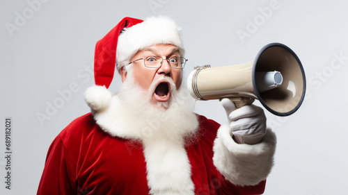 Santa claus screaming into a loudspeaker on an empty white background