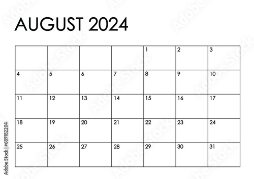 August 2024 month calendar. Simple black and white design