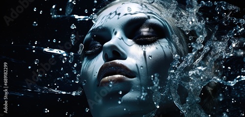 close up woman face wearing fantasy make up theme  fashion cosmetic portrait design glitter glow water splash  Generative Ai