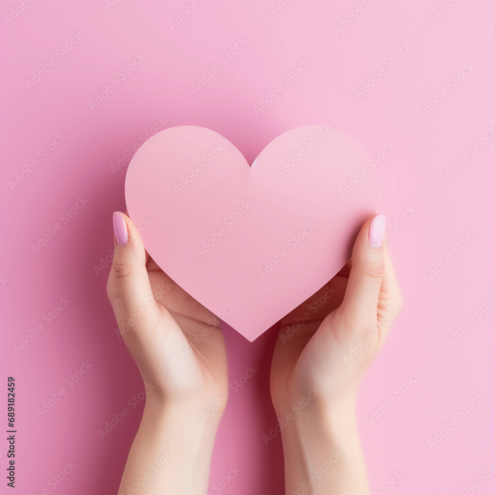 Woman hands holding pink paper heart shape for Happiness moment, Health care, Birthday card, Anniversary, Donate, Hope, Kindness, Valentine's day concept, Generative AI. Woman hands holding pink paper heart shape for Happiness moment, Health care, Birthday card, Anniversary, Donate, Hope, Kindness, Valentine's day concept, Generative AI.