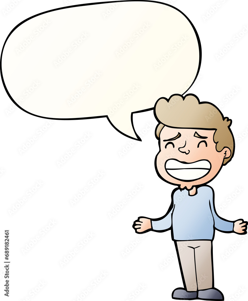 cartoon boy shrugging with speech bubble in smooth gradient style cartoon boy shrugging with speech bubble in smooth gradient style