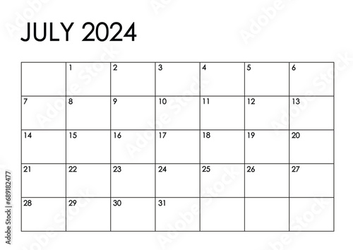 July 2024 month calendar. Simple black and white design