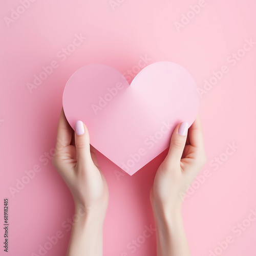 Woman hands holding pink paper heart shape for Happiness moment, Health care, Birthday card, Anniversary, Donate, Hope, Kindness, Valentine's day concept, Generative AI.