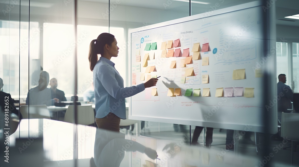 A diverse team of professionals brainstorming on a whiteboard in a modern office. generative AI A diverse team of professionals brainstorming on a whiteboard in a modern office. generative AI