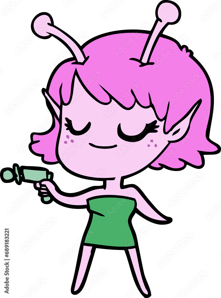 smiling alien girl cartoon pointing ray gun smiling alien girl cartoon pointing ray gun