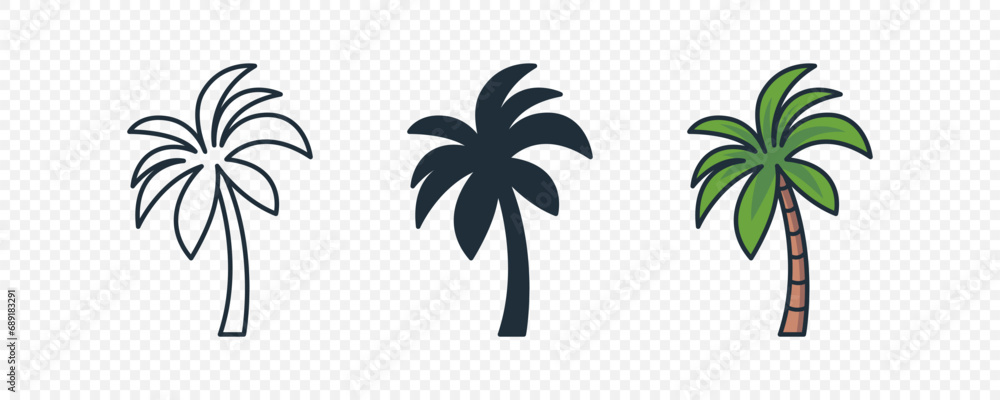 Vector Palm Trees, Palm Tree Icon Set Isolated. Design Template for Tropical, Vacation, Beach, Summer Concept. Vector Illustration. Front View