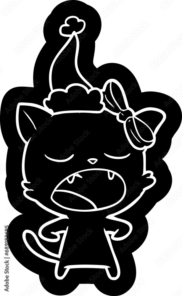 quirky cartoon icon of a yawning cat wearing santa hat quirky cartoon icon of a yawning cat wearing santa hat