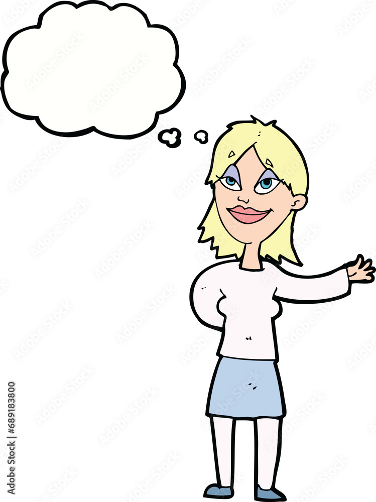cartoon woman gesturing to show something with thought bubble cartoon woman gesturing to show something with thought bubble