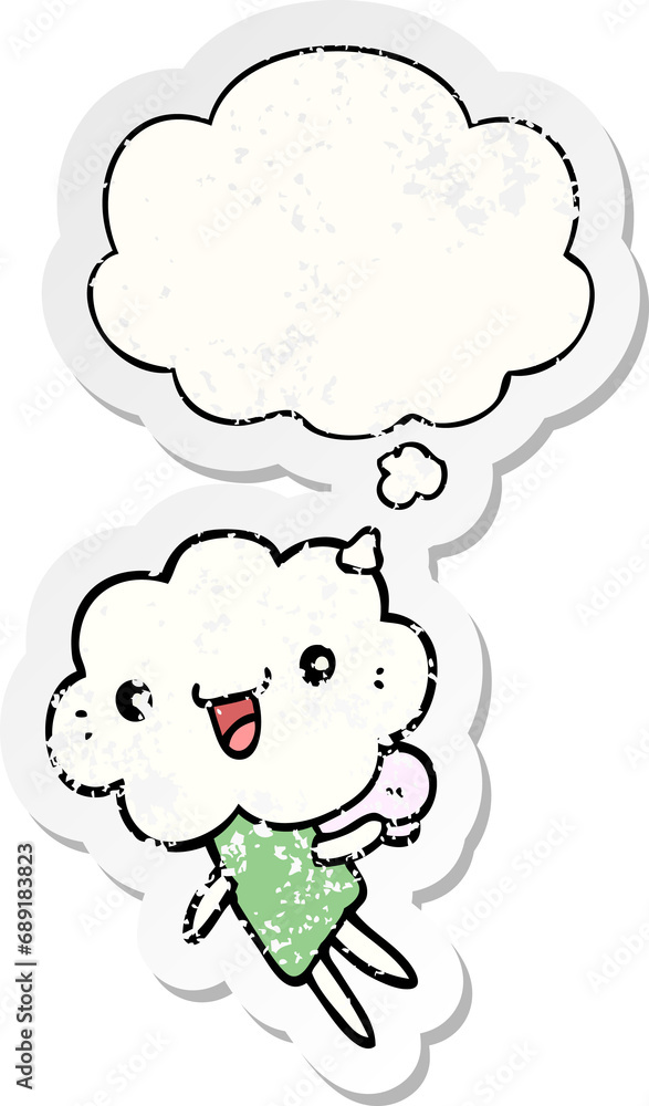 cartoon cloud head creature with thought bubble as a distressed worn sticker cartoon cloud head creature with thought bubble as a distressed worn sticker
