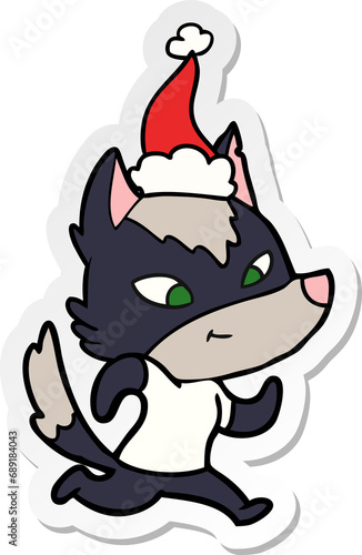 friendly hand drawn sticker cartoon of a wolf wearing santa hat