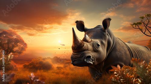 rhino in sunset.3D Rendering.Rhino on a Cloudy Sky Background.Rhino in the Enchanted Forest.Magical Energies.wildlife animal HD wallpaper.AI Generative  photo