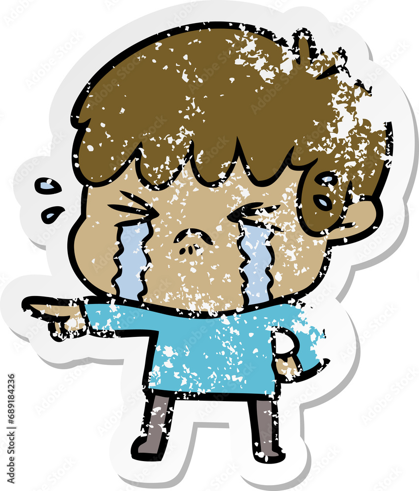 distressed sticker of a cartoon boy crying distressed sticker of a cartoon boy crying