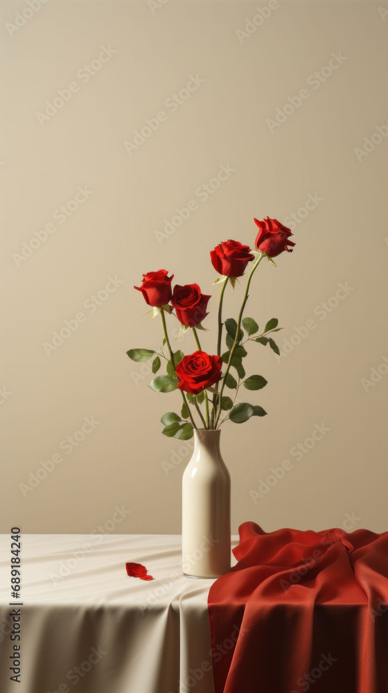 Simple yet striking composition of red roses in a white vase against a neutral backdrop, symbolizing pure affection. Simple yet striking composition of red roses in a white vase against a neutral backdrop, symbolizing pure affection.